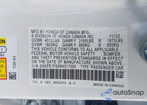 2024 Honda Civic Touring z USA, uszkodzony, nr VIN 2HGFE1F93RH317000